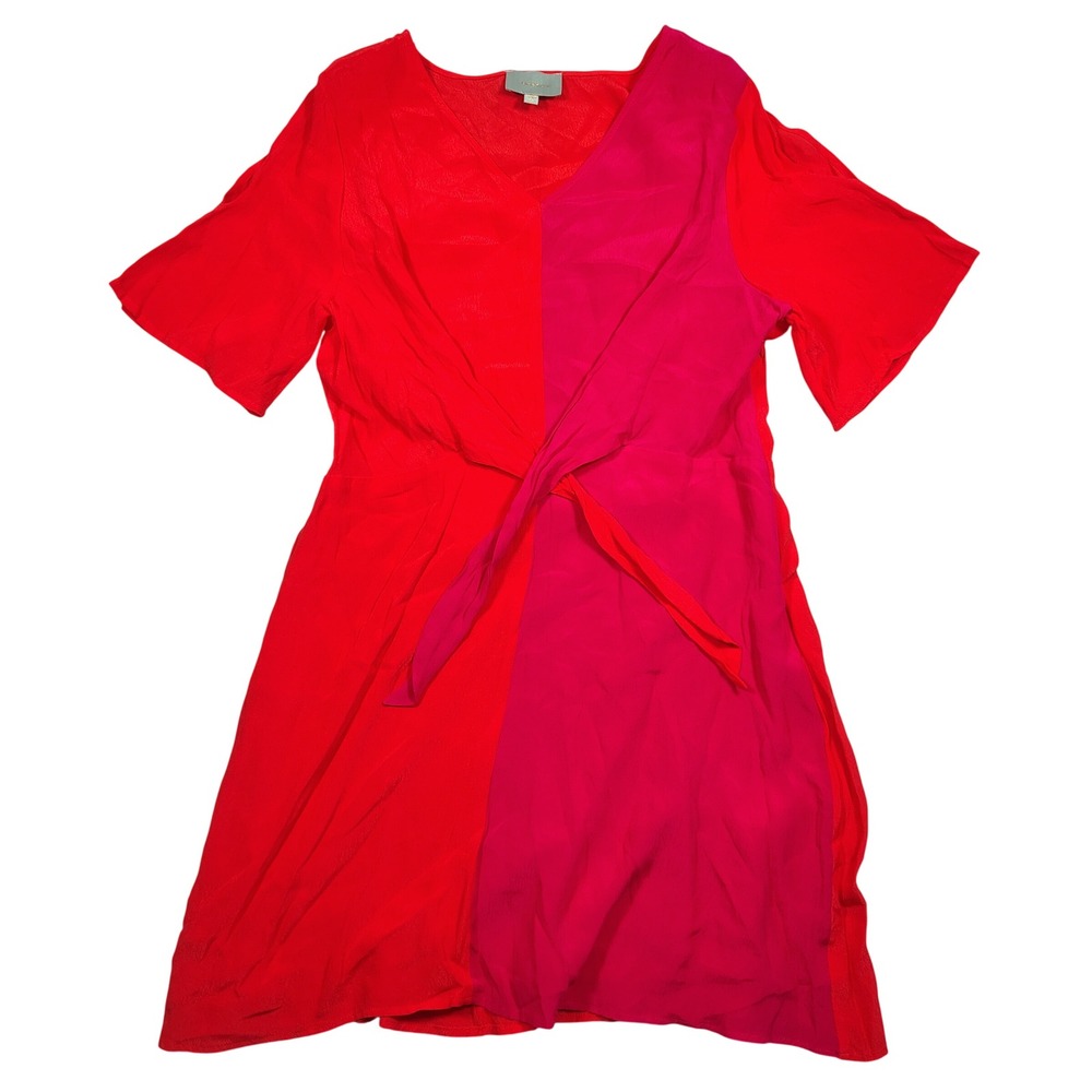 Skies Are Blue Dress Womens XL Red Pink Colorblock Tie Front Rayon Viscose Mini